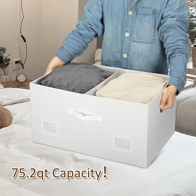 Graciadeco 75 Quarts Extra Large Decorative Storage Bins with Lids, 1 Pack White Collapsible Storage Bins with Lids, Stackable Storage Bins Decorative Box Storage With Lid Extra Large | 75 Quarts 1 Pack White Collapsible Stackable Linen Fabric 4 Handle...