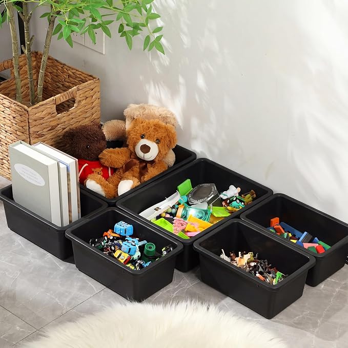 Zonon 12 Pcs Plastic Cubby Bins Office Storage Container Storage Bins Plastic Organization with 1 Pack Self Adhesive Label for Library Office Home Nursery (Black)