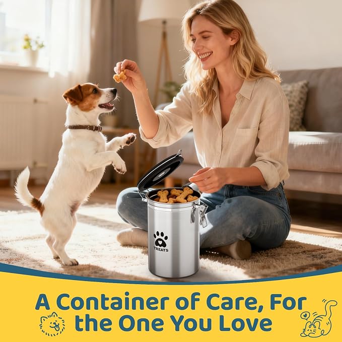 ENONCI Airtight Dog Treat Canister, 304 Stainless Steel Food Storage Jar with Date Dial Silver-2.8L