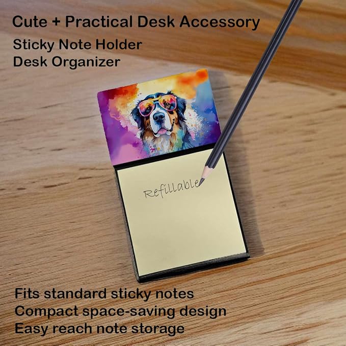 Caroline's Treasures Bernese Mountain Dog Hippie Dawg Sticky Note Holder Refillable Dispenser Self-Sticky Note Pads, Memo Pads Blank Desk Accessories