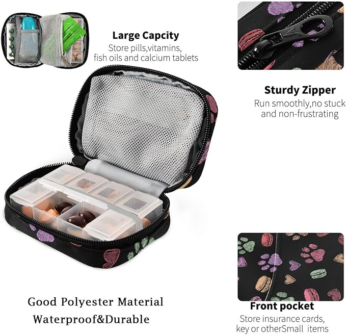 Fustylead Colorful Doodle Cute Paw Print Travel Pill Organizer Case Zipper for Purse with Removable Weekly Pill Box for Medicine, Vitamin, Supplement Medicine Organizer
