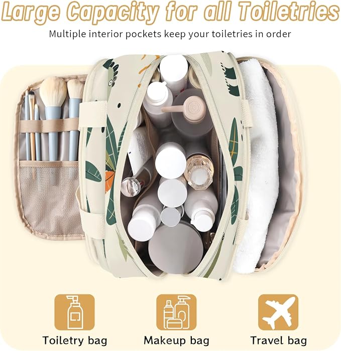 Cute Dinosaur Travel Toiletry Bag with Handle | Wet & Dry Separation, Full-Size Bottle Friendly, Leak-Proof, Waterproof, Easy to Clean, for Travel, Gym, Home