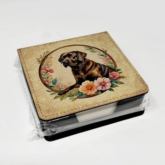 Caroline's Treasures Chocolate Labrador Retriever and Flowers PU Leather Note Paper Holder with Artist-Designed Cover, Desk Accessory, Office Gift