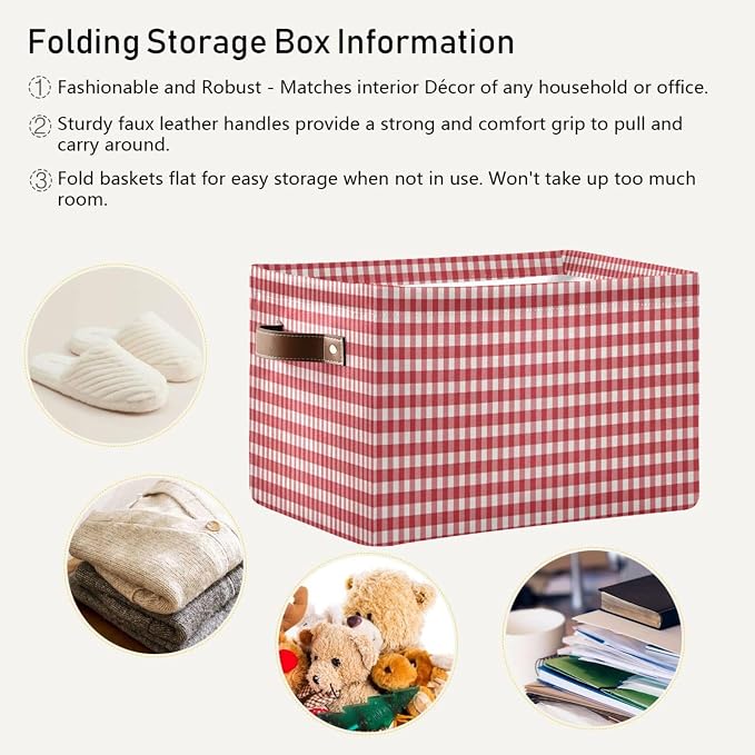 Kigai Red White Gingham Storage Basket with Handles Waterproof Collapsible Storage Bin Canvas Fabric Basket Decorative Box Closet Organizer for Nursery Bedroom Office
