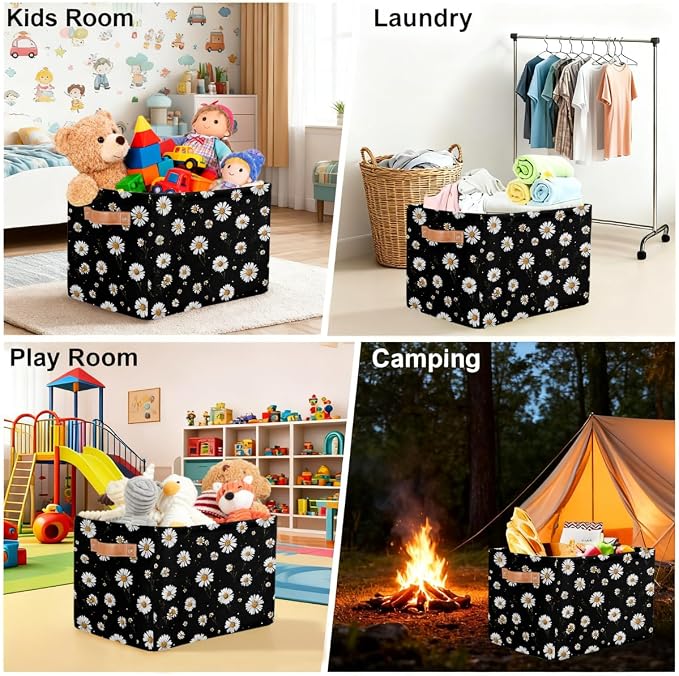 Pardick Storage Baskets Bin, Daisy Flower Black Collapsible Canvas Fabric Storage Bin Decorative Baskets Toy Organizer Rectangle Storage Boxes with handles for Home Shelves Nursery,Q-11