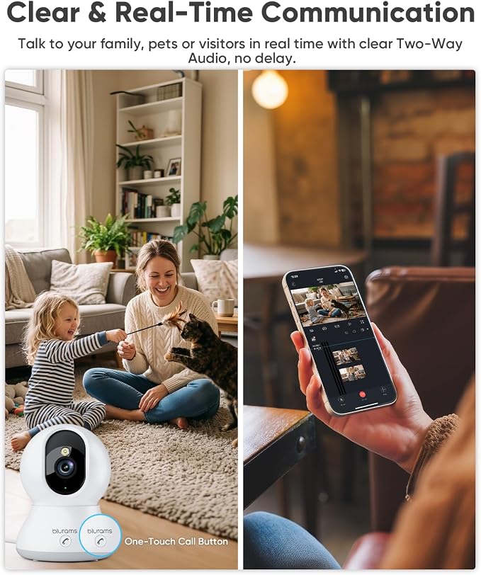 blurams 8MP Indoor Camera, 360° PTZ Baby Monitor, Pet Camera with Phone App, One-Touch Call, Free Human/Pet/Motion/Sound/Cry Detection, Dual-Band WiFi 6, Compatible with Alexa