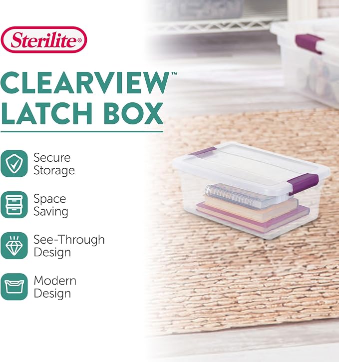 Sterilite 48-Pack ClearView Latch Box, Stackable Storage Organizer Bins for Home, 6 Quart | Clear Plastic Organizers with Color Accent Latches for Closet, Bedroom, Shelving Units, Dorm Room and Home Organization