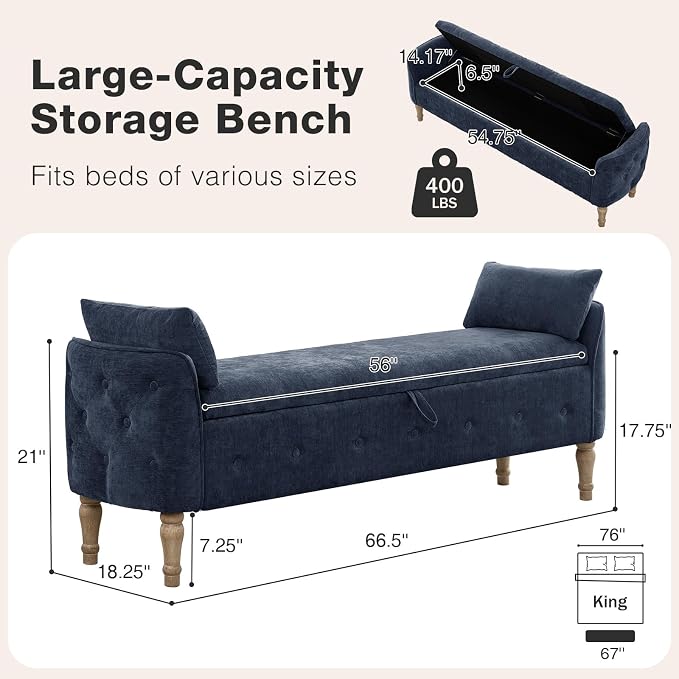 67"End of Bed Storage Bench King Size,Upholstered Bedroom Bench,Blue | Linen Storage Bench for Bedroom End of Bed ,2 Cushion, Vintage Wood Legs ,Tufted,Storage Ottoman Bench for Entryway Window