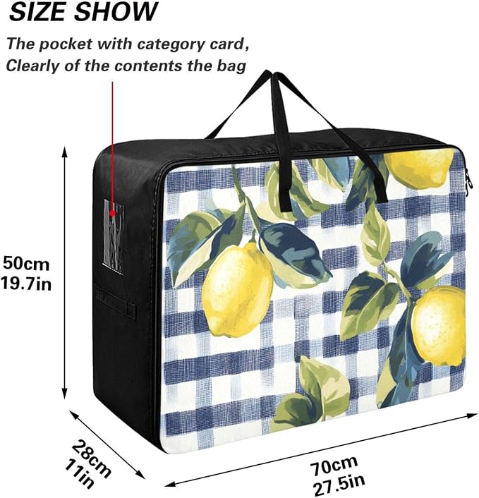 Comforter Storage Bags Large Folding Blanket Organizer Bag with Strong Handles Clear Window Closet Storage Containers for Clothes King Queen Pillows Bedding Quilt Duvet Blue Gingham Yellow Lemo