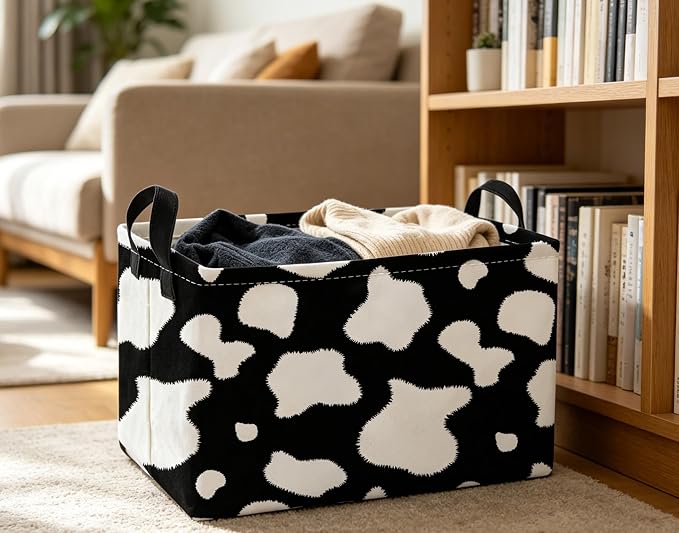 Essme Rectangular Cow Basket,Kids Storage Bins Organizer with Handles for Farm Room Decor, Gift Basket,Shelf Basket.(Cow)