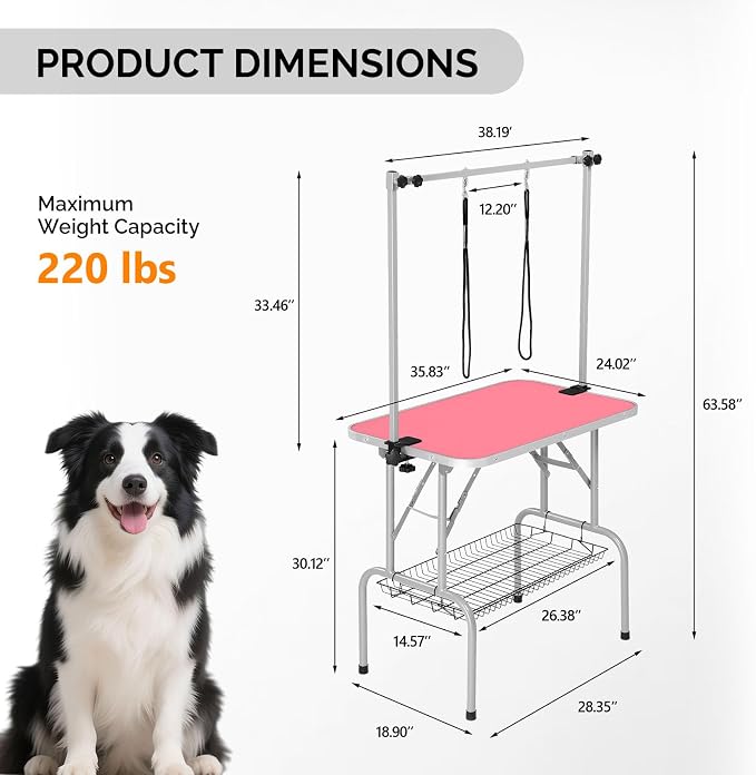 VINGLI Dog Grooming Table, Adjustable Cat Grooming Desktop with Arms and Storage Basket, Pet Grooming Stand at Home (Pink, 36 inch)