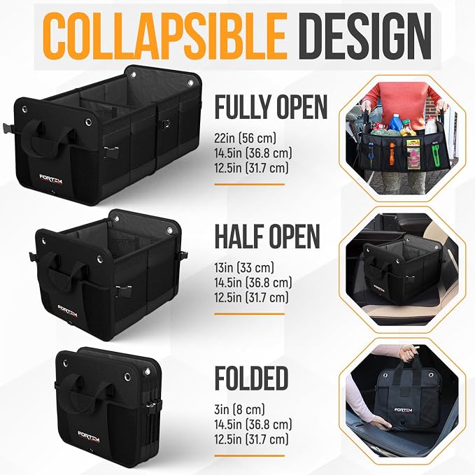 FORTEM Trunk Organizer - Collapsible Car Organizer & Storage Bag for SUVs | Car Accessories for Men & Women, Cooler Bag, Non Slip Bottom, Straps, Soft Cover, 1680D Oxford, 3 Compartments, Black, 50L