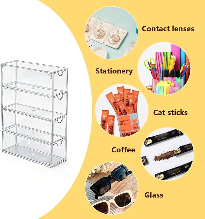 Lickable Cat Treats Organizer with 4 Drawers Clear Acrylic Cat Food Organizer for Wet Puree Tubes Countertop Treat Storage Display Container