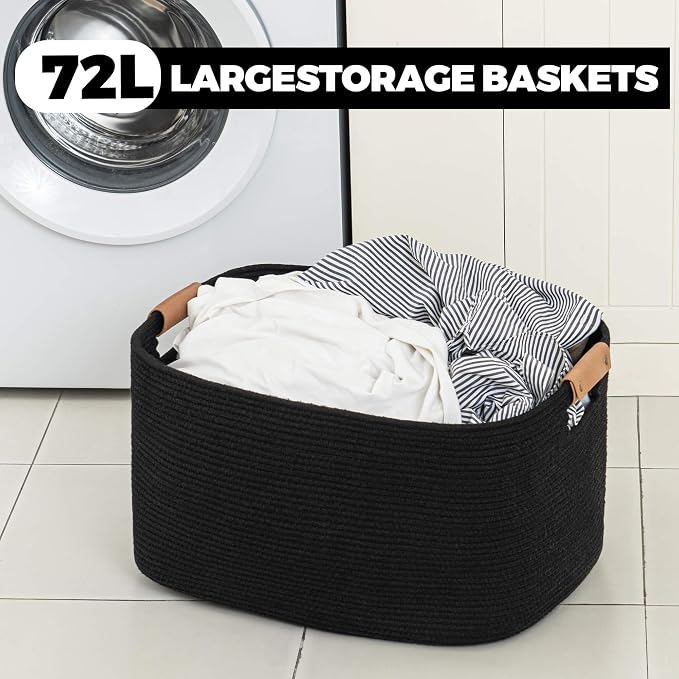 danpinera Large Blankets for Living Room, 72 L Woven Cotton Rope Baskets for Storage, Organizing Kids Toys & Dog Toys, Large Basket Organizer for Nursery, Bedroom, Bathroom, 22’’*17’’*11.8’’ Black