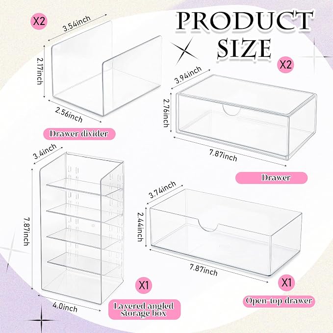 Kathfly 6 Pcs Medicine Cabinet Organizer Acrylic Stackable Clear Makeup Organizer with 2 Drawer 1 Storage Box 2 U Movable Partition and 1 Vertical Layered Storage Rack for Bathroom Cabinet Wall Vanity