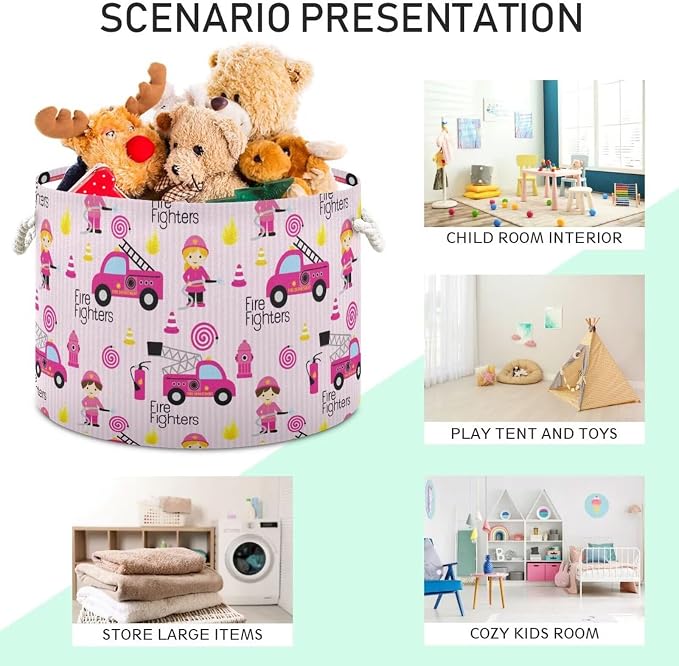 Pink Firefighter Collapsible Round Storage Basket with Handles | Fire Trucks Equipment Large Laundry Baskets Hamper, Organizer Bin for Nursery Bedroom Living Room Decor, 20x 20x 14 Inches