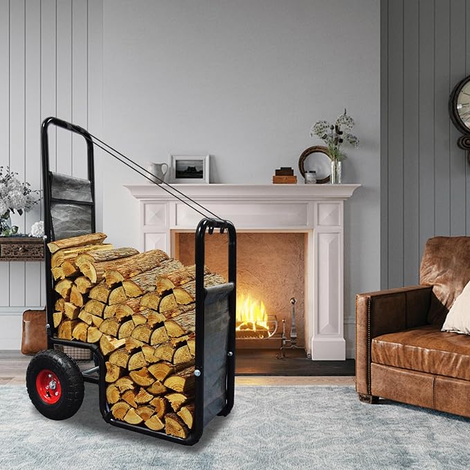 Doublehorse Firewood Cart 27x20x44 in Steel Pneumatic Wheels Gray | Heavy Duty Metal Waterproof Portable Storage Rack for Outdoor Camping Backyard Fireplace Indoor Use