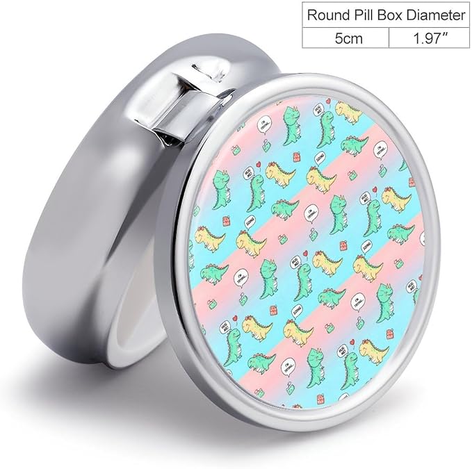Round 3 Compartment Metal Pill Box Cute Dinosaurs Hug Me, Cute Portable Organizer for Purse Pocket Travel Medication