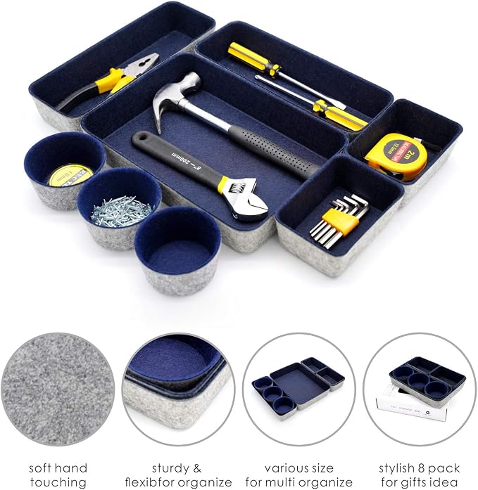 Welaxy 8pc office desk drawer organizer tray felt Storage bins Shallow Navy