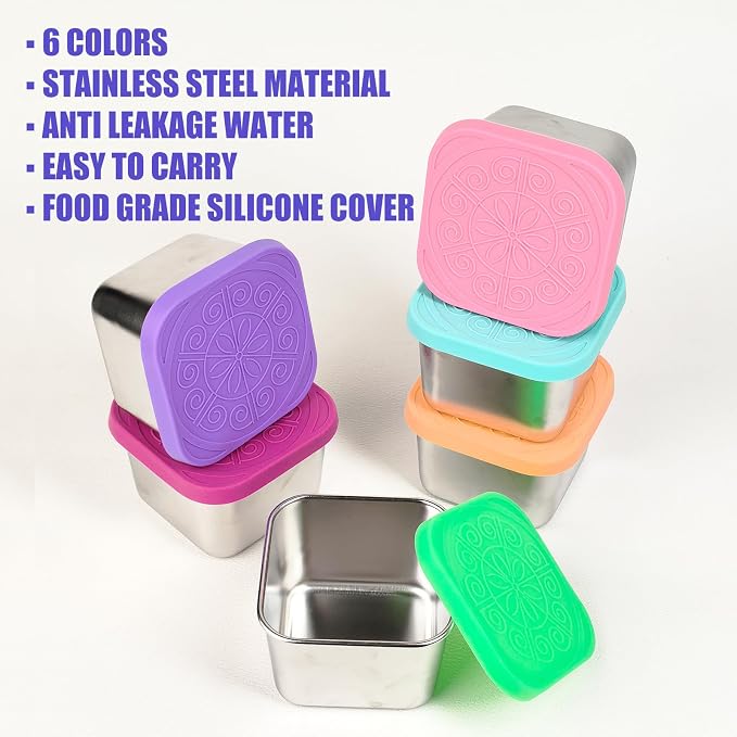 Stainless Steel Snack Containers with Silicone Lids 6 Pack | Reusable Small Food Containers for Snacks, Fruit and Lunch Storage, Perfect for School, Travel and Outdoor Use