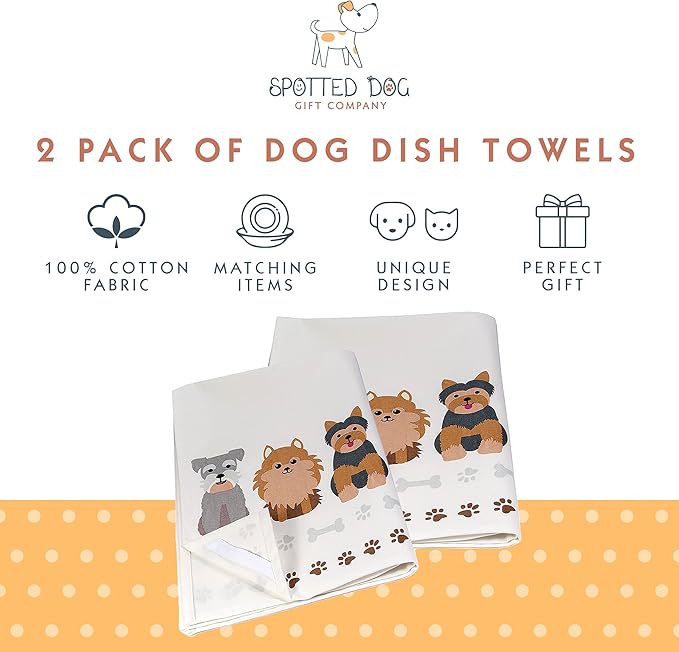 SPOTTED DOG GIFT COMPANY Dog Kitchen Towels Set of 2, 100% Absorbent Cotton Dish Towels for Drying Dishes, Happy Dogs Themed Kitchen Accessories, Gifts for Dog Lovers 20"x28"