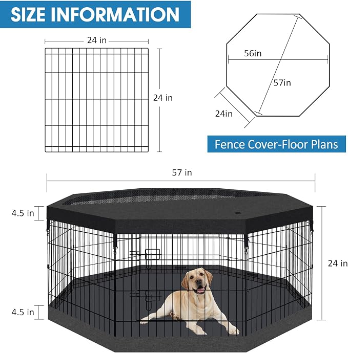Peekaboo Dog Playpen 24" H 8-Panel with Octagonal Top Cover & Bottom Pad | 24-inch black 8-panel rustproof metal dog playpen with built-in door, foldable design, top cover and waterproof bottom pad.