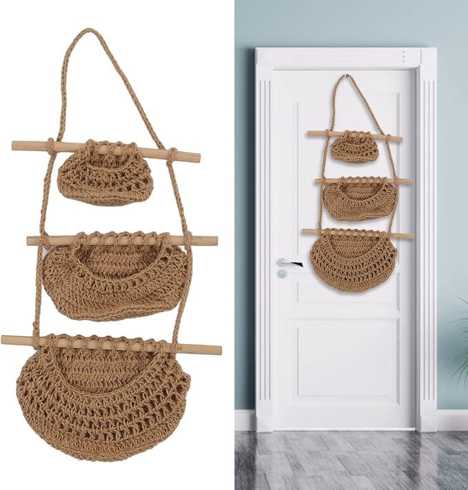 3 Tier Hanging Fruit Basket, Wall Mounted Hemp Rope and Wood Organizer, Handcrafted Over The Door Storage for Toys Pet Plush Dolls Kitchen Bathroom Living Room
