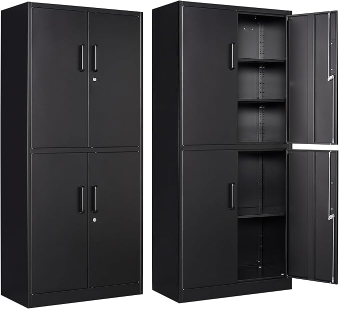 Metal Storage Cabinet with Lock Door, Adjustable Shelf Steel Cabinets for Office, Home,Pantry,Kitchen,Garage Utility Cabinet (4 Door-Black)