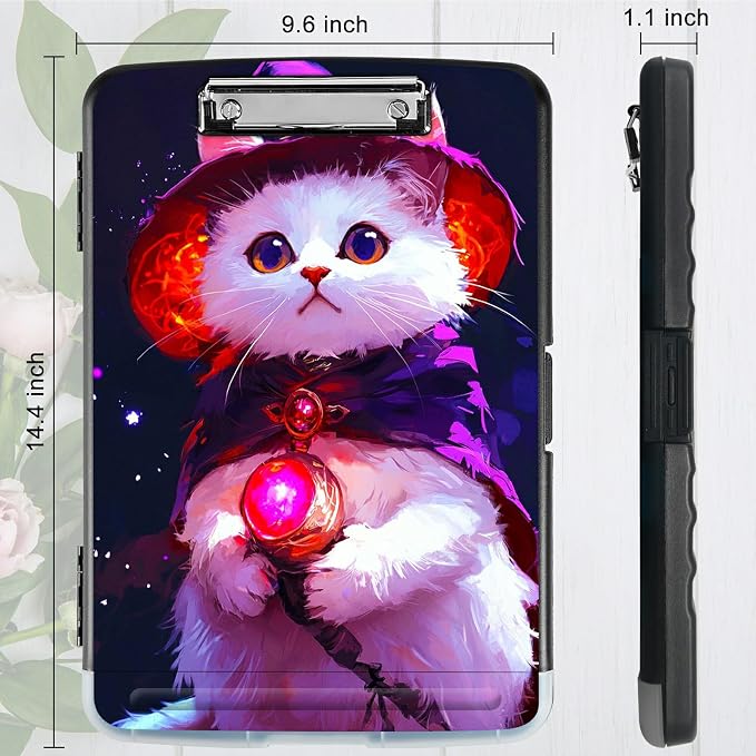 Purple White Cat A4 Clipboard with Storage Pen Holder, Clipboards Organizer Nursing Clipboard Foldable File Folder Plastic Clipboard Folio Clip Board for Office Students Classroom Doctor