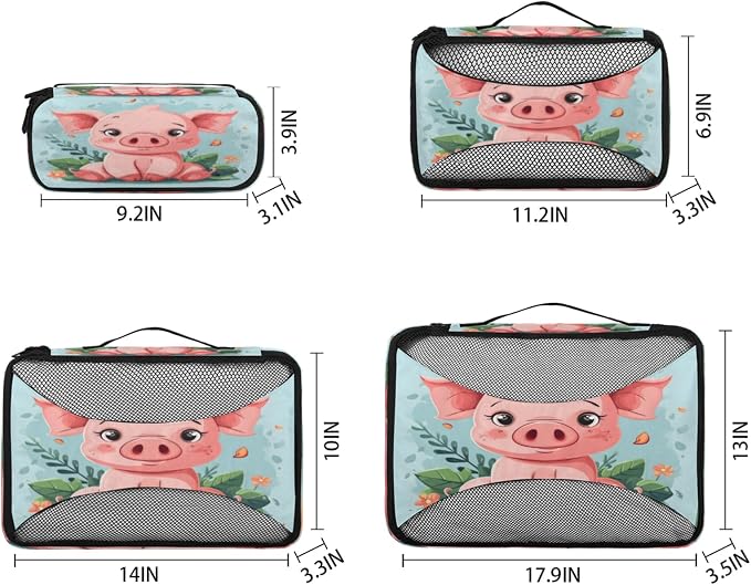 4 Set Packing Cubes for Travel, Pig Packing Cubes for Women, Travel Luggage Packing Organizers, Packing Cube Set, Animal Funny Cute Piggy