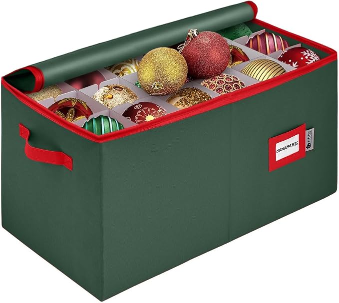Christmas Ornament Storage Container with Dividers - Box Stores Up to 54 Ornaments, Zippered, Convenient, Adjustable, Large Organizer Bin to Protect Holiday Décor, Fits Most Standard Size, Green