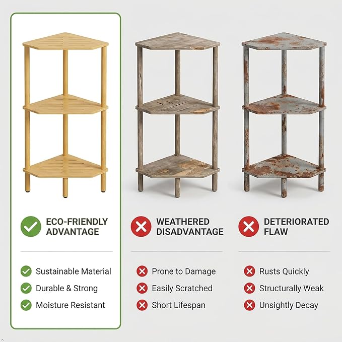 3 Tier Bamboo Corner Shelf, Storage Stand with Adjustable Feet, Small Spaces Corner Bookshelf, Plant Stand, Space-Saving Organizer Shelves, Small Corner Table for Bathroom Kitchen Living Room