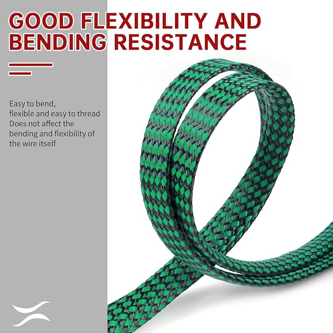 Expandable Braided Cable Sleeve, PP Yarn + PET Braided Expandable Sleeving Cable Management Protection High Density PET Wire Cover Sheath for Cables (Green Black, 12mm (15/32")-19ft)