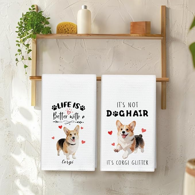 WwongxianB Corgi Kitchen Towels Decorative Set of 2, Funny Tea Towel Hand Towels Highly Absorbent Dish Cloths 16x24 Inches, Bathroom Decor, Corgi Gifts for Dog Lovers -05
