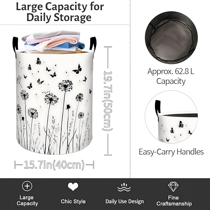 Dandelion Laundry Basket, Butterfly Floral Print Foldable Oxford Cloth, Waterproof Dirty Clothes Hamper with Handles, Clothing Storage Bin Toy Organizer for Bedroom Dorm Bathroom, 19.7"x15.7"