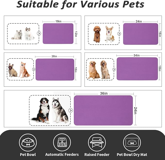 HotLive Dog Food Mat - Absorbent Cat Mat for Food and Water, No Stains Pet Feeding Bowl Mat, Easy to Clean Pet Placemats, Quick Dry Dog Water Dispenser Mat for Messy Drinkers | Purple 18"x34"
