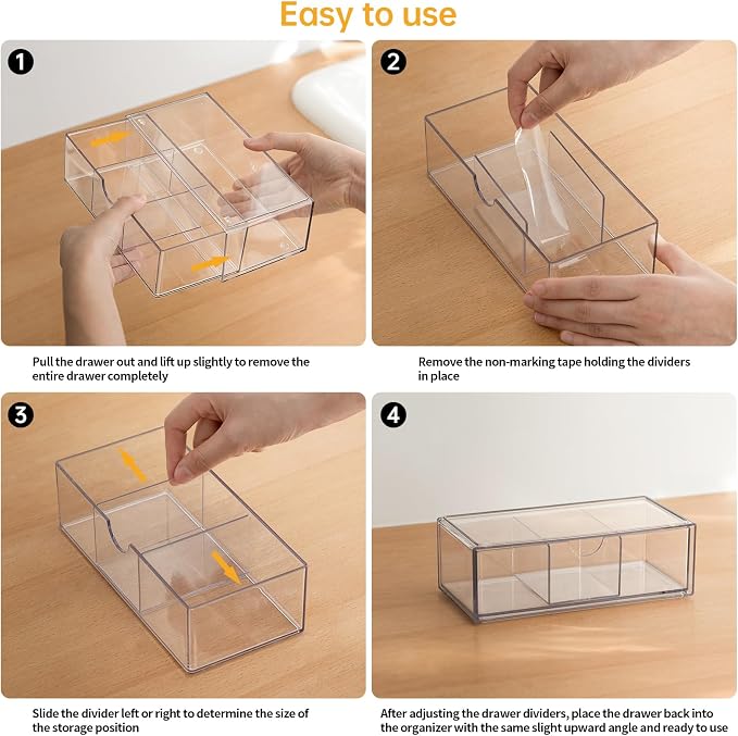 PAVSTINE Clear Medicine Cabinet Organizer with Adjustable Dividers, for Pressed Powder/Lip Gloss/Mascara Storage