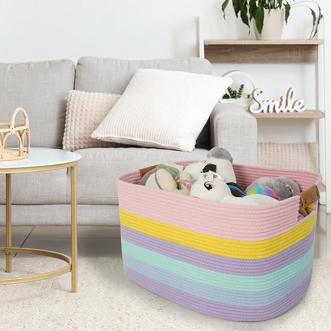 danpinera Large Laundry Basket, 108L Rectangle Woven Baskets for Storage for Living Room, Laundry, Nursery, Pillows, Baby Toy chest, Blanket Storage with Leather Handle, 25’’*16’’*16’’ Rainbow