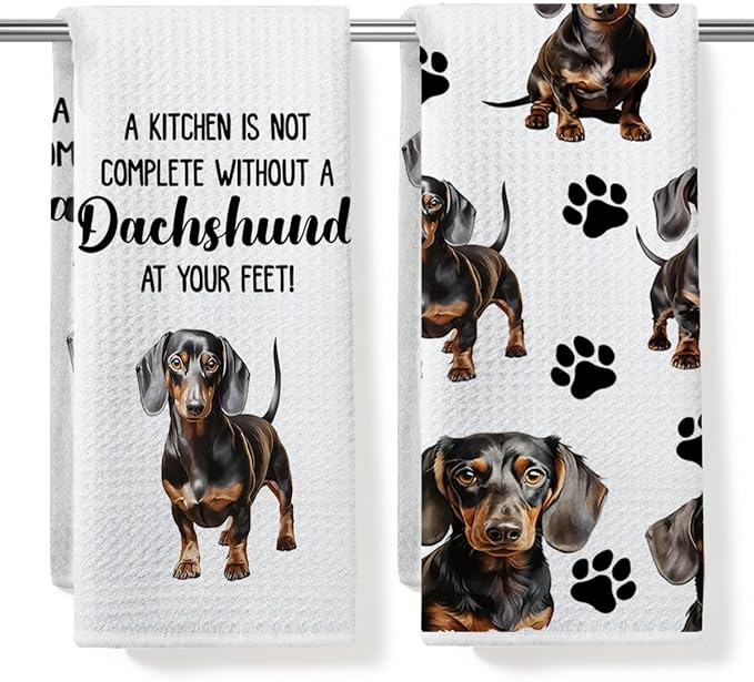 Dachshund Waffle Weave Kitchen Towels, Quick Dry Multipurpose Hand Towels for Bathroom, Absorbent Reusable Cloth Tea Dish Towels for Home Decor, Dog Lover Gift Towel Set of 2