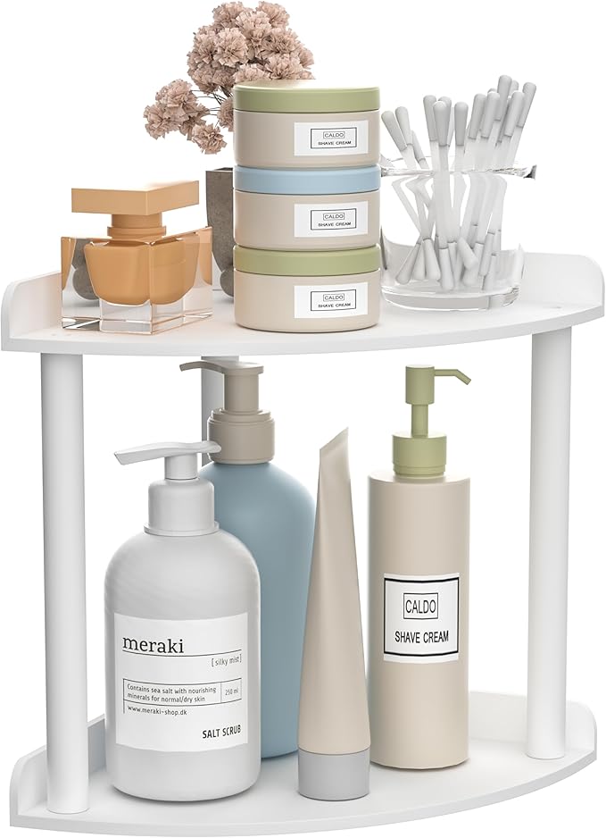 Sezanrpt 2 Tier Countertop Corner Organizer Shelf 7x7x8 Inch, White Acrylic Bathroom Vanity Storage Organizer Corner Shelf for Skincare, Cosmetics, Perfume