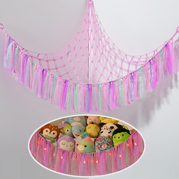 Stuffed Animal Storage Macrame Boho Plush Toy Net Hammock Room Decor | Stuffed Animals Hammock Plushie Net for Stuffed Animals Corner Hanging Holder Teddy Bear Net for Kids Girls Room Decor