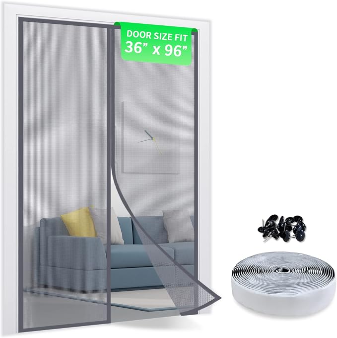 TheFitLife Fiberglass Magnetic Screen Door - Heavy Duty Mesh Curtain with Full Frame Hook and Loop Powerful Magnets That Snap Shut Automatically (38''x97'' - Fits Doors up to 36''x96'' Max) | 38"x97" - Fits Doors up to 36"x96" Max, Gray, with Full Fram...