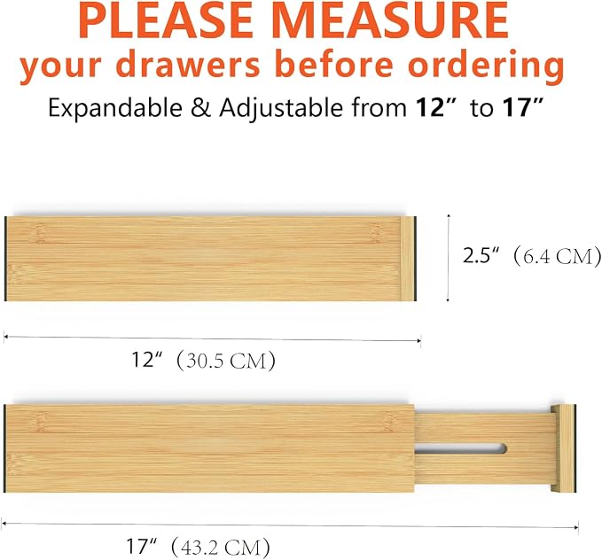 4 Pack Bamboo Drawer Dividers 2.6" High, Adjustable from 12 Inch to 17 Inch | Expandable Kitchen Drawer Organizer Separators for Clothes, Kitchen, Bedroom, Dresser, Office (Beige)