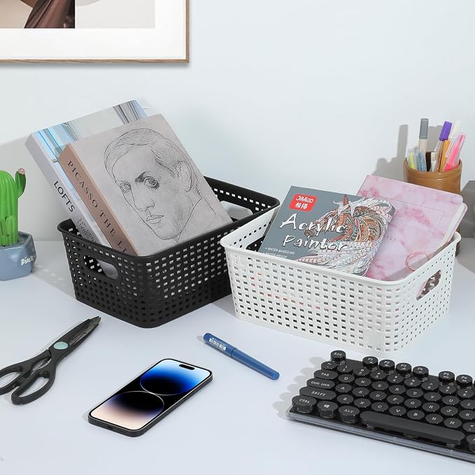 AREYZIN Plastic Storage Baskets Set of 6 Sturdy Small Organizer Plastic Storage Bins Baskets for Shelves,Closet,Countertops, Desktops, Cabinets and Badrooms,Black
