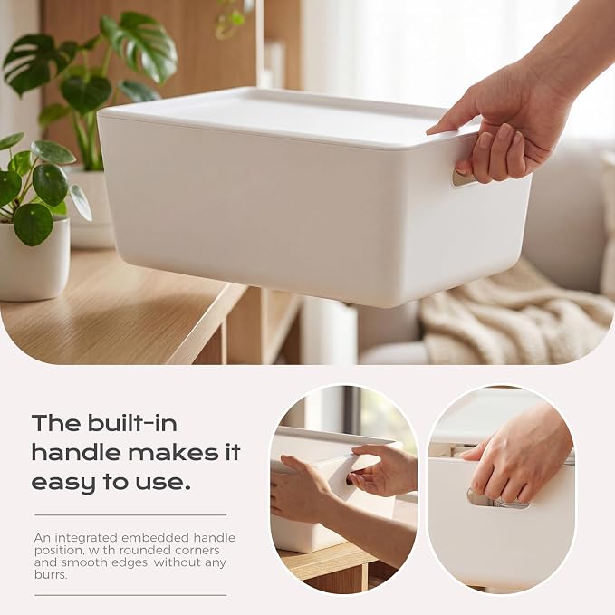 6 Pack Large White Storage Bins with Lids, PET Plastic Pantry Organizers and Storage Containers for Kitchen, Fridge, Bathroom, Office