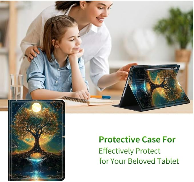 Case for Samsung Galaxy Tab S10+ Plus 2024/ S9 FE Plus/ S9 Plus 12.4" 2023 | Slim Leather Smart Cover with Multi-Angle Anti-Slip Stand [Auto Wake/Sleep] Shell for Women Men, Moon Orange Tree