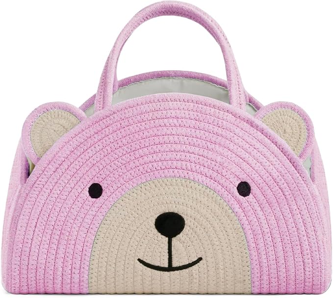 Lmbabter Baby Diaper Caddy Cotton Rope Diaper Organizer Basket Rainbow Theme Nursery Storage Bin Daypack Car Travel (Pink Bear)
