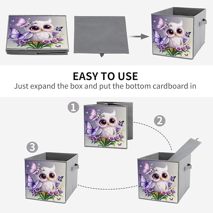 [Dreamy Cute Pet] Owl Foldable Storage Bins, 10.6" Cube Storage Organizer, Sturdy Oxford Cloth Fabric Baskets for Closet, Shelf, Nursery, Bedroom, Decorative Printed Box for Toys & Clothes