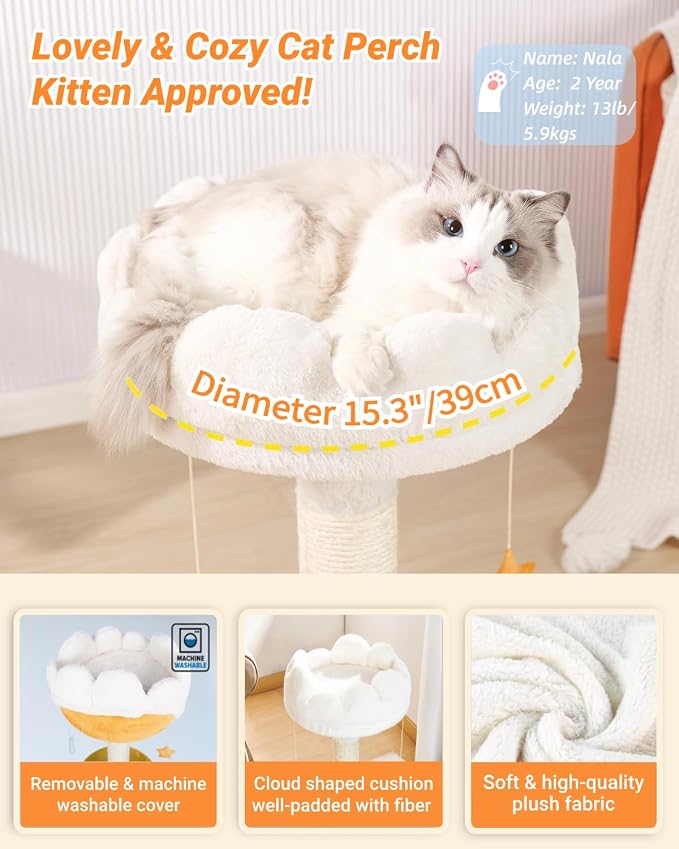 Tall Cat Scratching Post with Large Bed, Thick Posts with Toys | 28" Tall For Large Cats, Easy To Clean, Cloud-Shaped Soft Perch, Removeable Cover, Stable Cat Stand, Bonus Catnip