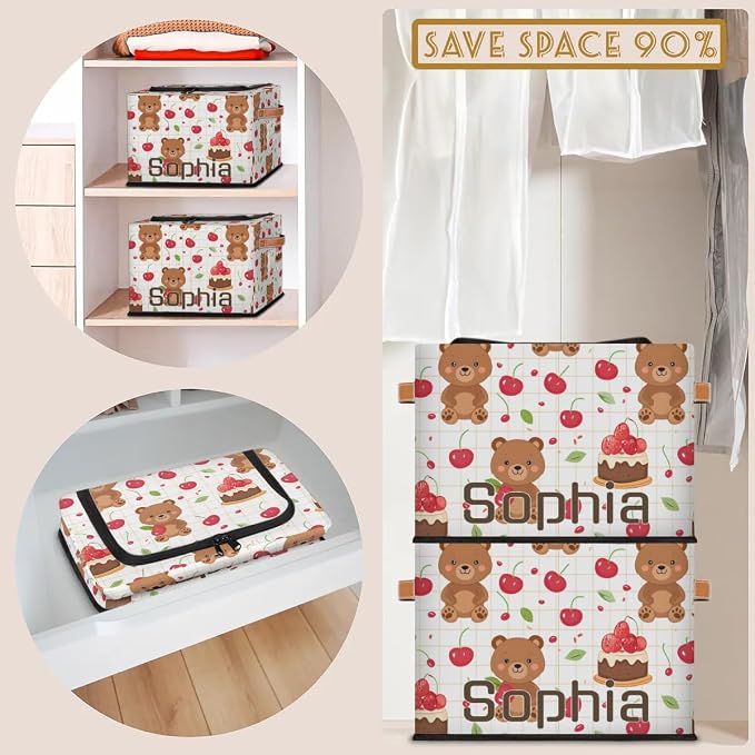 Custom Cute Bear Storage-Bin With Zipper Lid for Kids-Girls-Boys-Baby-Pet,Personalized Name Foldable Storage Box with Handle,Baby Basket With Label for Bedroom Nursery Toy Clothes,White 2